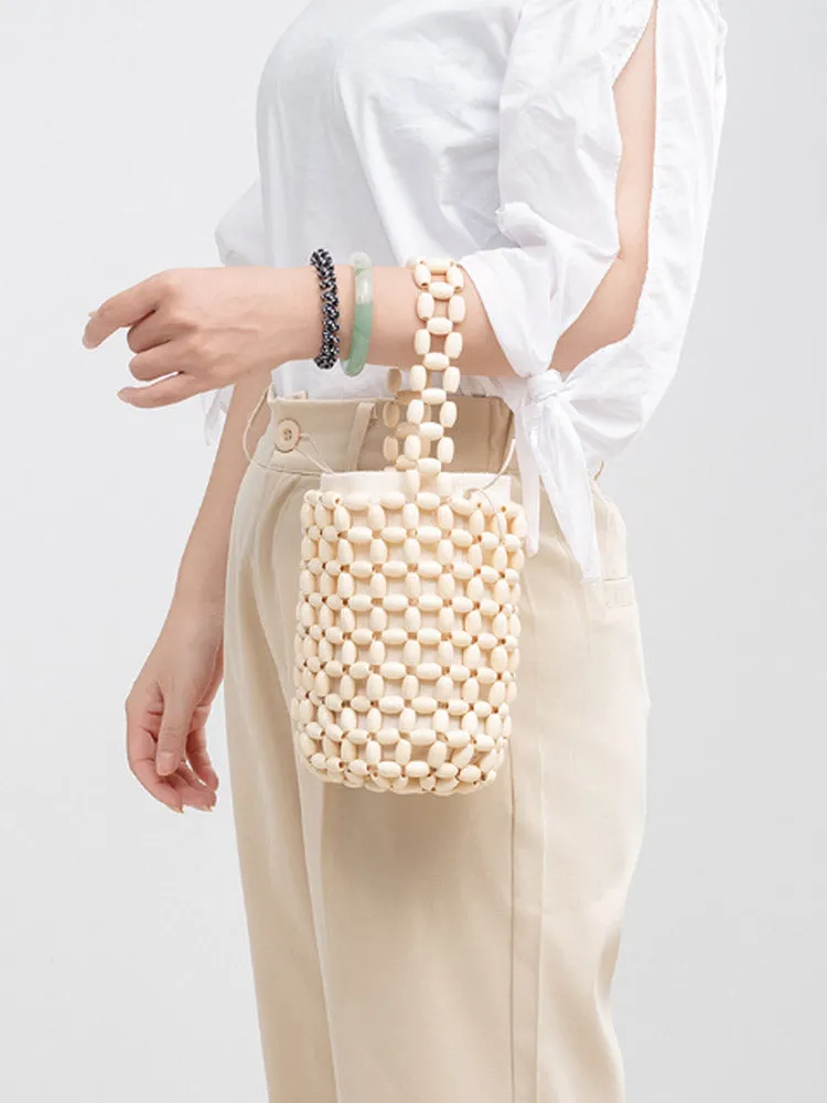 Hollowed-Out Wooden Bead Woven Bucket Bag