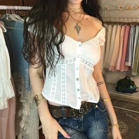 Korean Style White Lace Spliced Women Tee Shirts Buttons Up Basic Cute Y2K Cropped Top Chic Summer T-shirts Clothing