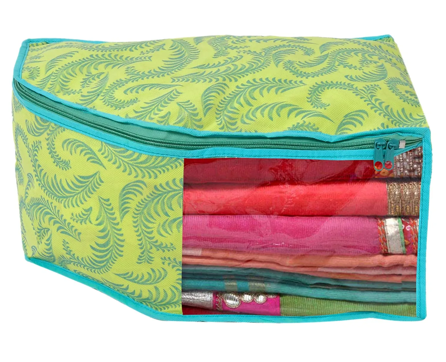 Kuber Industries Leaf Design Non-woven 4 Saree & 4 Blouse Cover/Organizer Set With Transparent Window- Pack of 8 (Green) -44KM0572