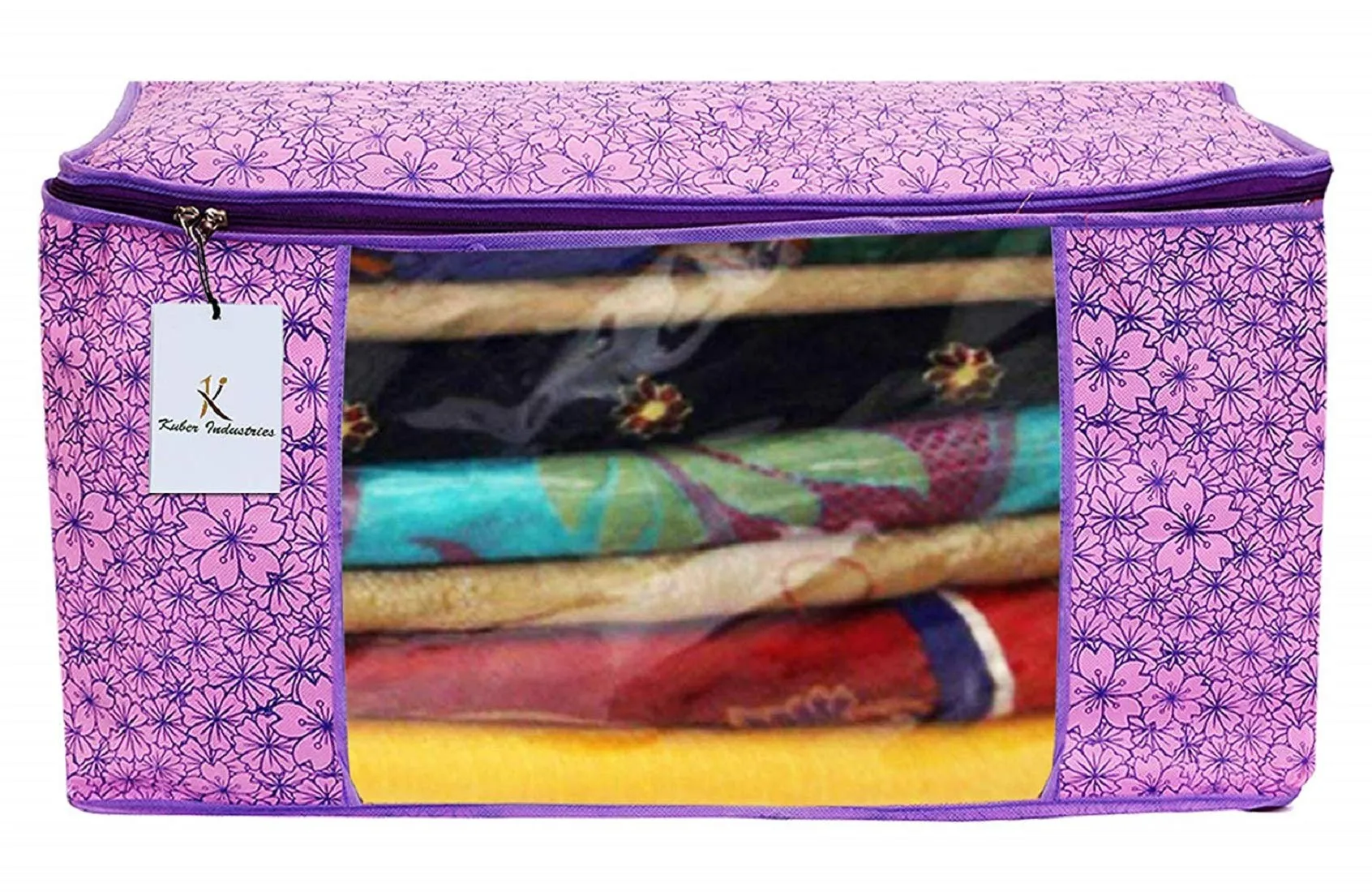 Kuber Industries Metallic Printed Non Woven 6 Pieces Saree Cover and 3 Pieces Underbed Storage Bag, Cloth Organizer for Storage, Blanket Cover Combo Set (Pink & Purple) -CTKTC38579