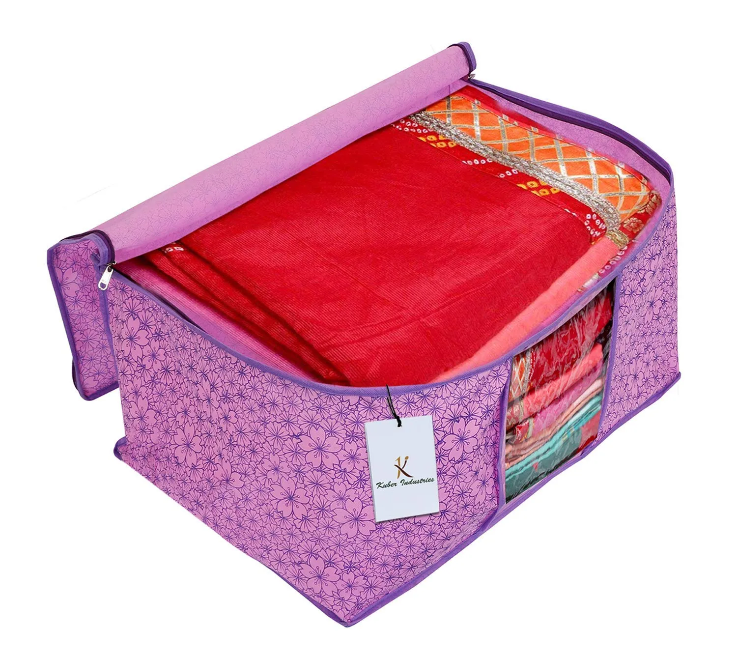 Kuber Industries Metallic Printed Non Woven 6 Pieces Saree Cover and 3 Pieces Underbed Storage Bag, Cloth Organizer for Storage, Blanket Cover Combo Set (Pink & Purple) -CTKTC38579