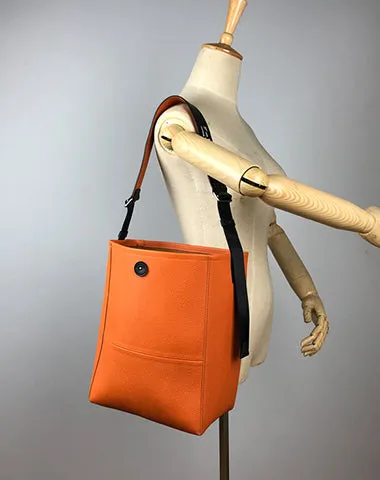 Large Womens Orange Leather Shoulder Barrel Tote Bag Bucket Tote Handbag Purse Work Bag for Ladies