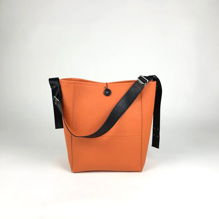 Large Womens Orange Leather Shoulder Barrel Tote Bag Bucket Tote Handbag Purse Work Bag for Ladies