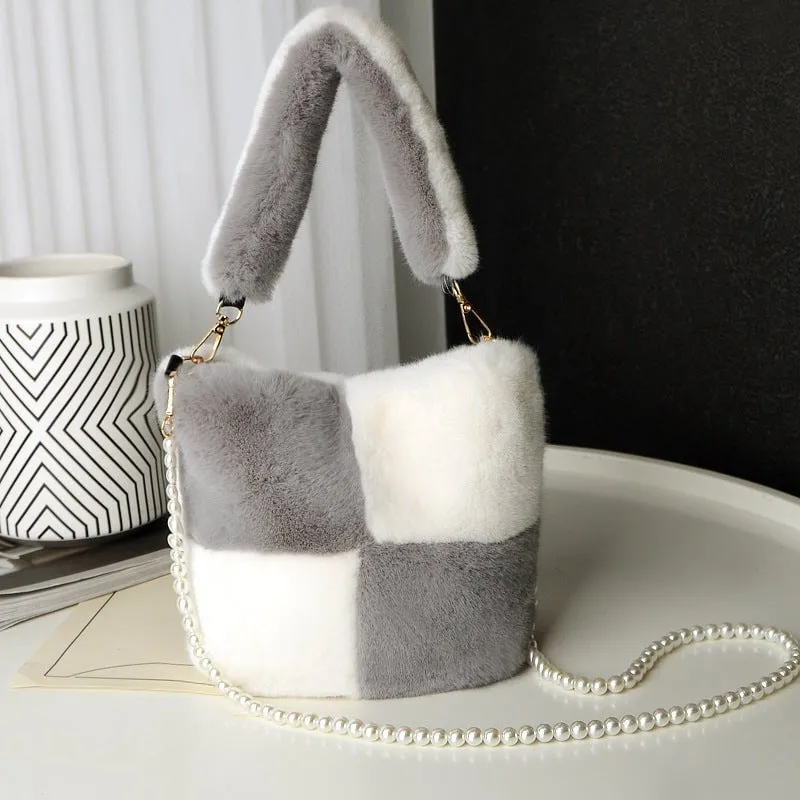 LovelyRLovely Checkerboard Plush Bucket Bag With Pearl Chain