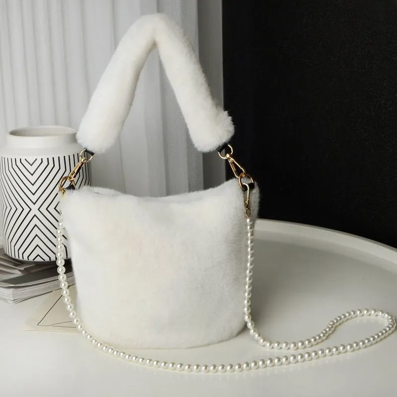 LovelyRLovely Checkerboard Plush Bucket Bag With Pearl Chain