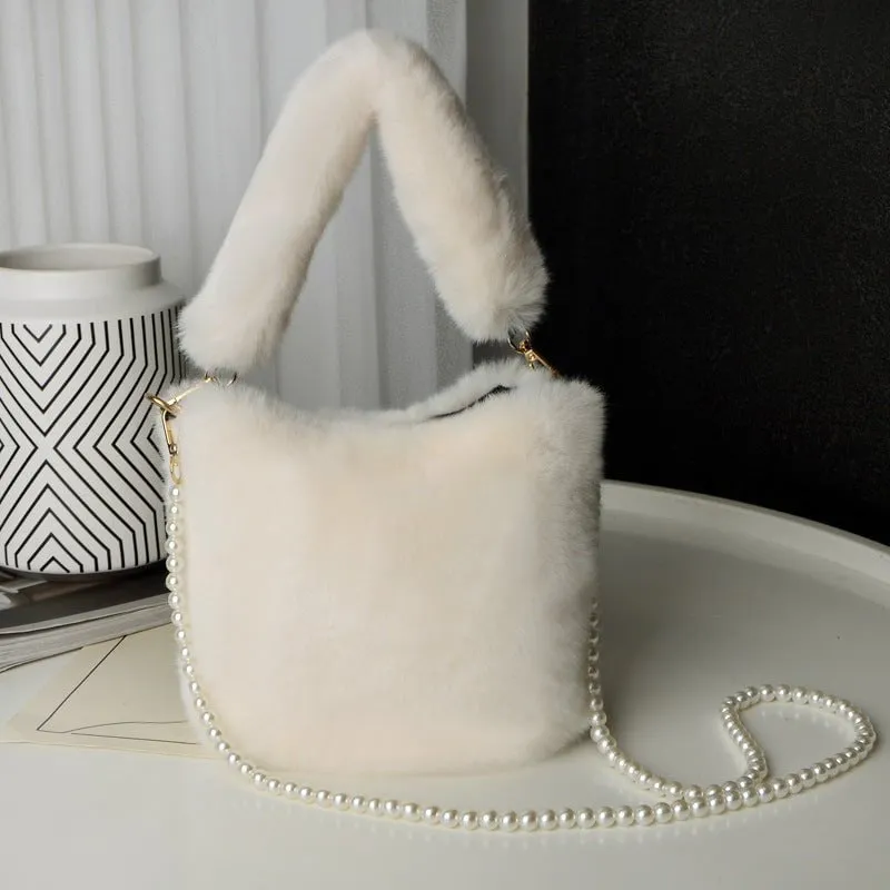 LovelyRLovely Checkerboard Plush Bucket Bag With Pearl Chain