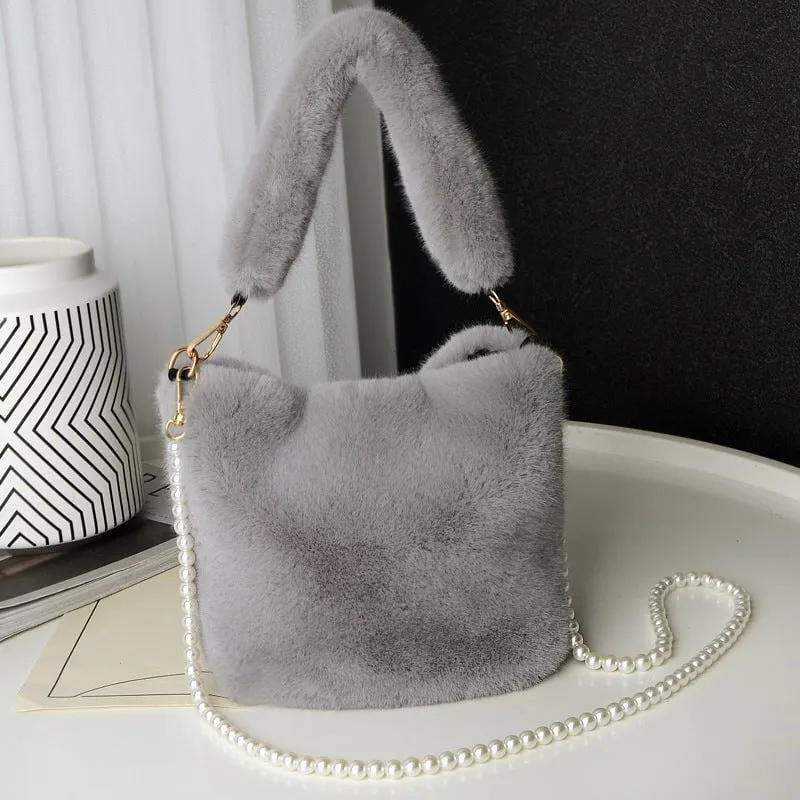 LovelyRLovely Checkerboard Plush Bucket Bag With Pearl Chain