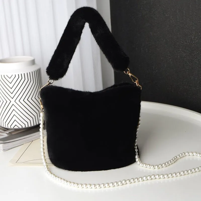 LovelyRLovely Checkerboard Plush Bucket Bag With Pearl Chain