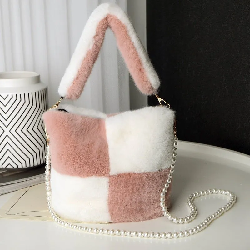 LovelyRLovely Checkerboard Plush Bucket Bag With Pearl Chain