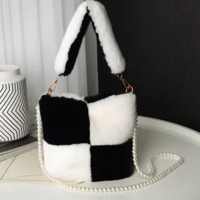 LovelyRLovely Checkerboard Plush Bucket Bag With Pearl Chain