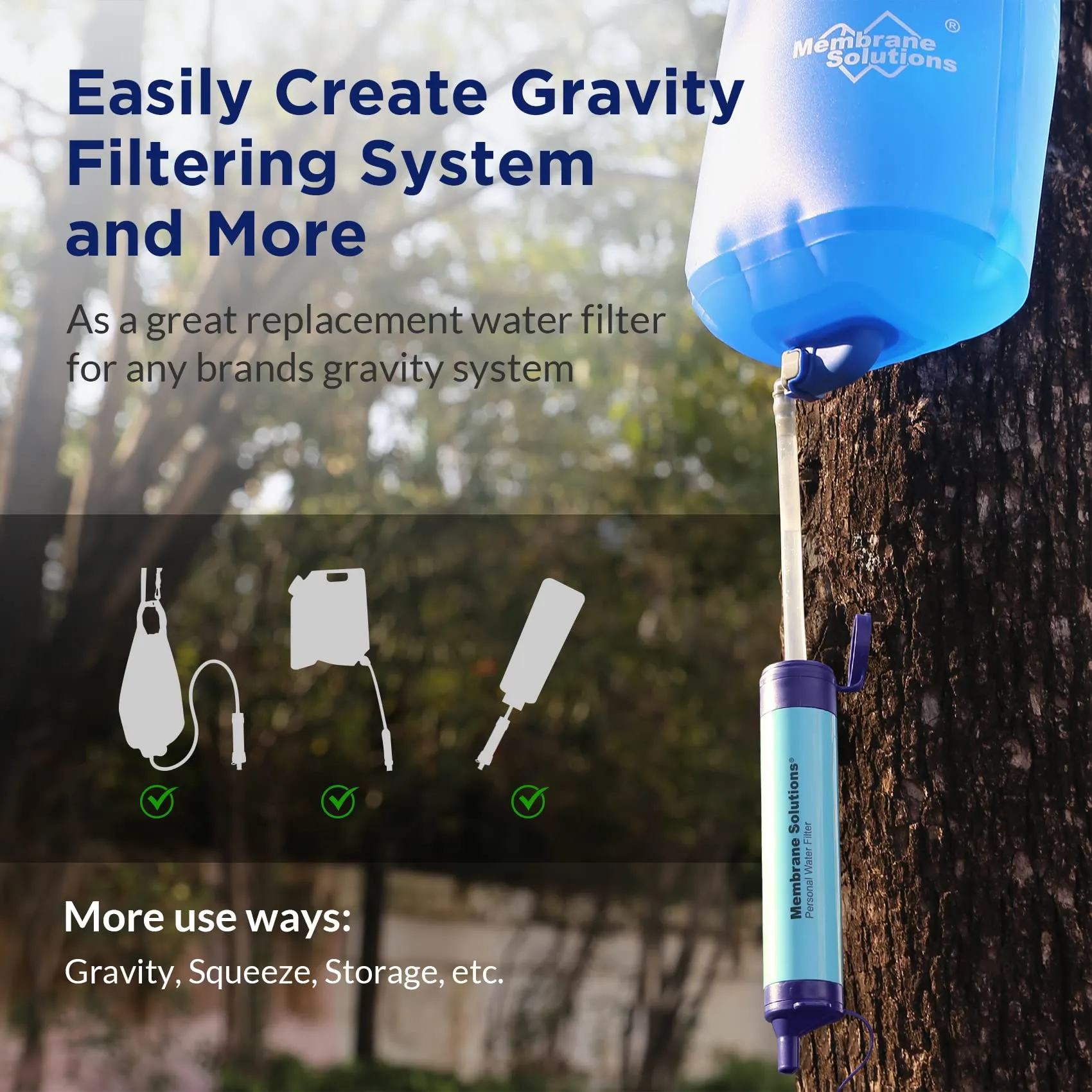 Membrane Solutions Gravity Water Filter Pro 6L with Blue Personal Water Filter Straw