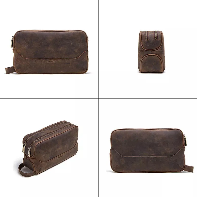 Men's Crazy Horse Leather Double Zip Toiletry Bag