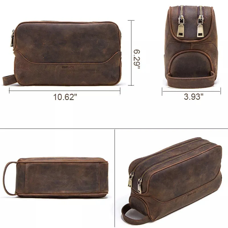 Men's Crazy Horse Leather Double Zip Toiletry Bag