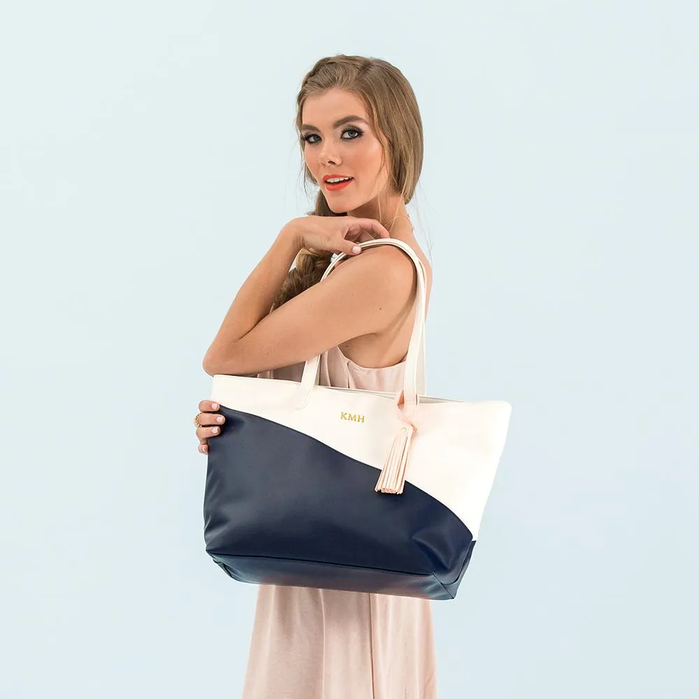 Monogram Faux Leather Tote - Navy & White