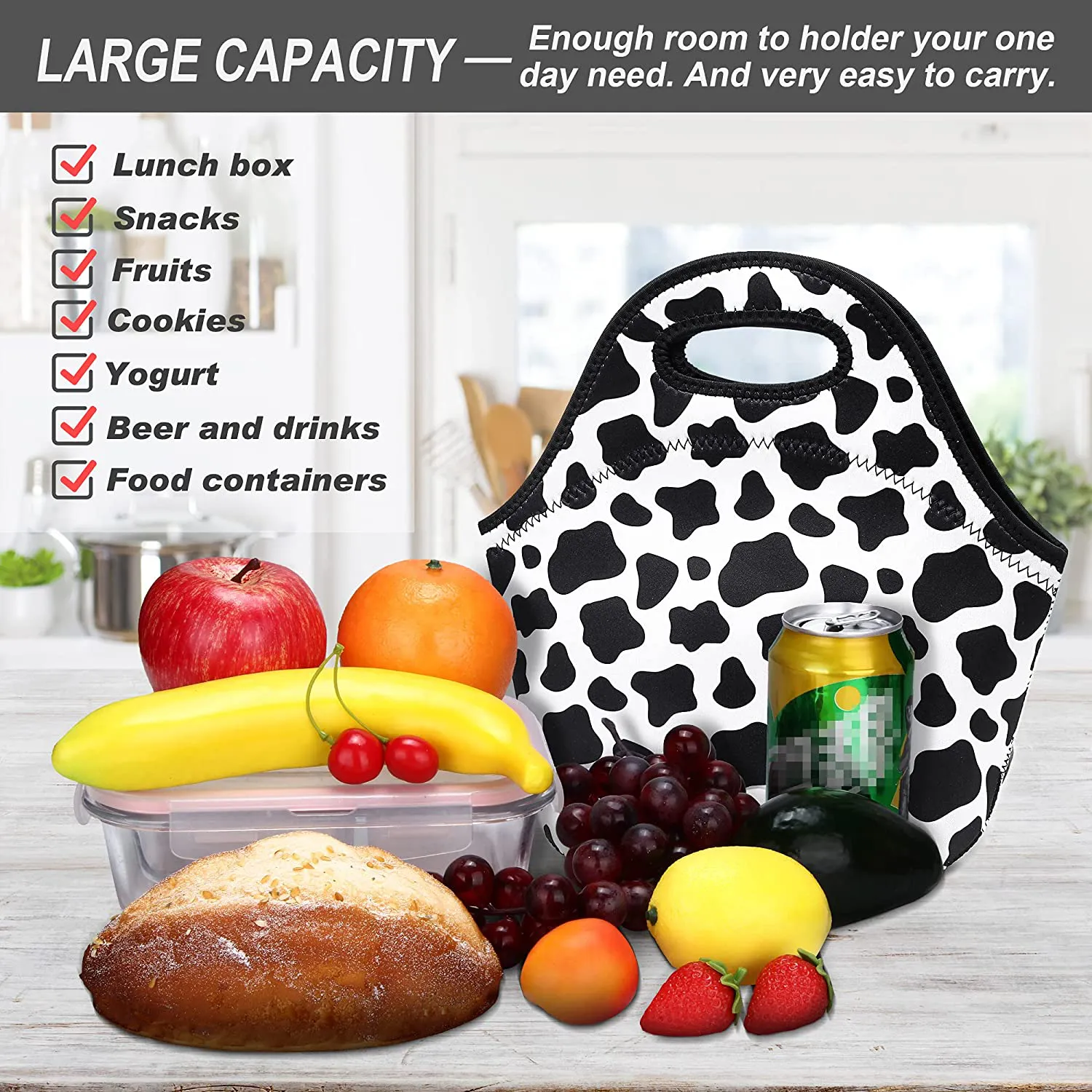 Neoprene Lunch Bags Insulated Lunch Tote Bags for Women Washable lunch container box for work picnic Lightweight Meal Prep Bags for Men Women (Cow printing, Neoprene)