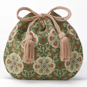 Nishijin-ori Small Drawstring Bag - Flower and Bird / Green -,  Made in Kyoto, Japan,  Japanese traditional craft purse