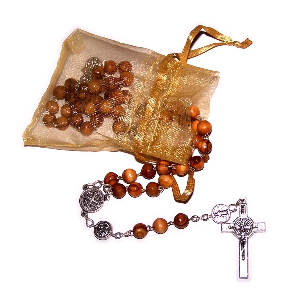 Olive wood Rosary with Silver Tone Saint Benedict center and beads - Organza ...