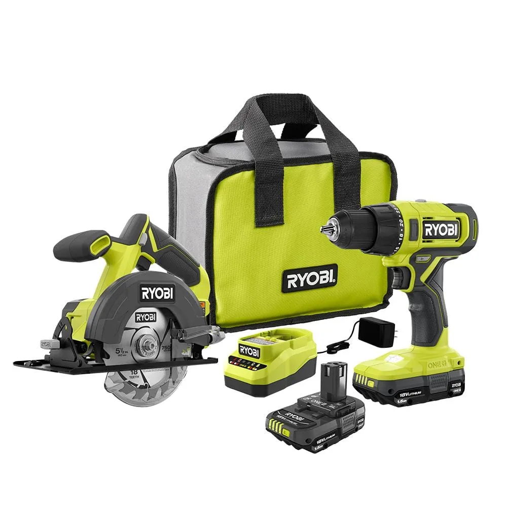 Open Box - RYOBI ONE  18V Cordless 2-Tool Combo Kit with Drill/Driver, Circular Saw, (2) 1.5 Ah Batteries, and Charger