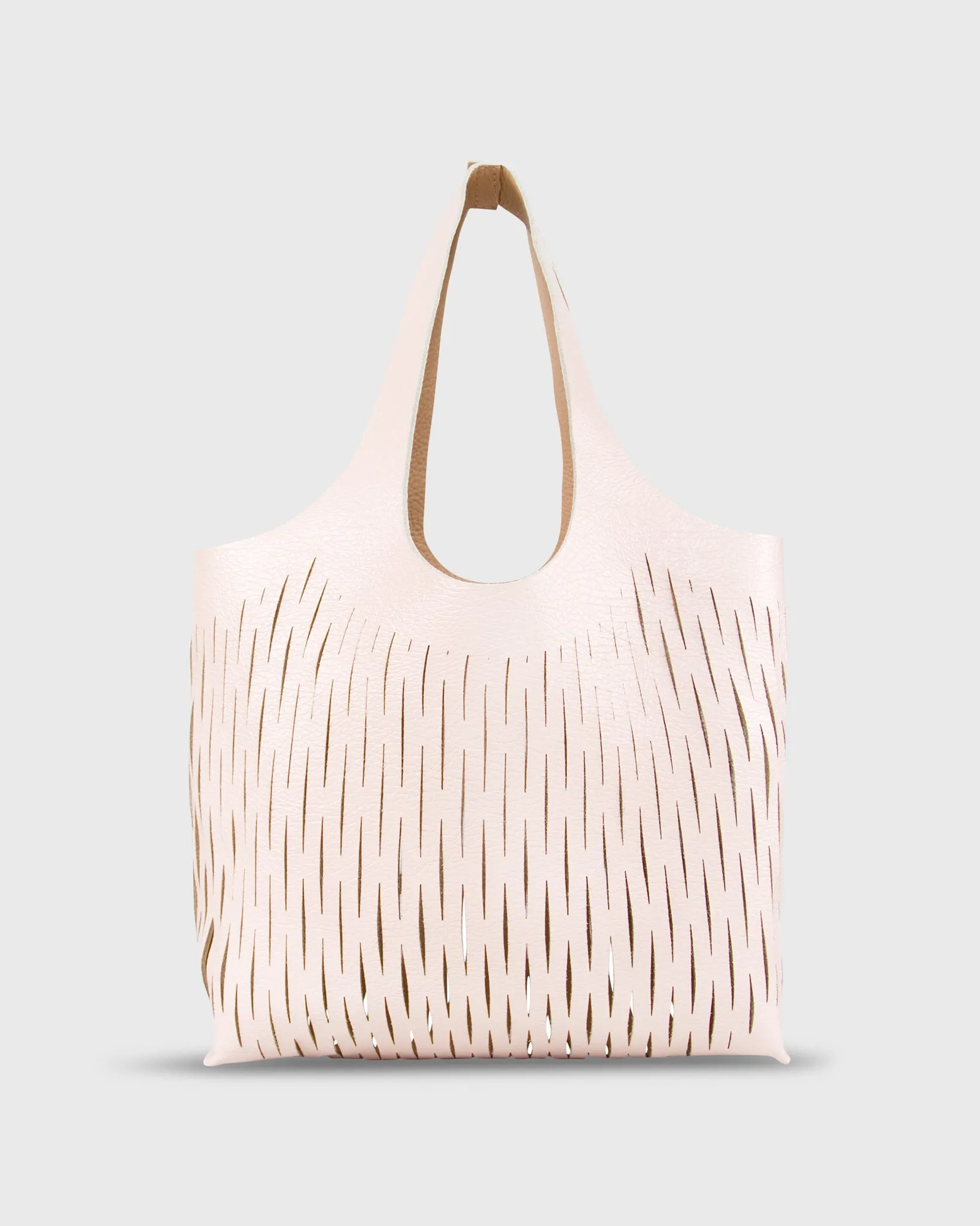 Reversible Laser-Cut Bucket Bag in Camel/Blush Leather