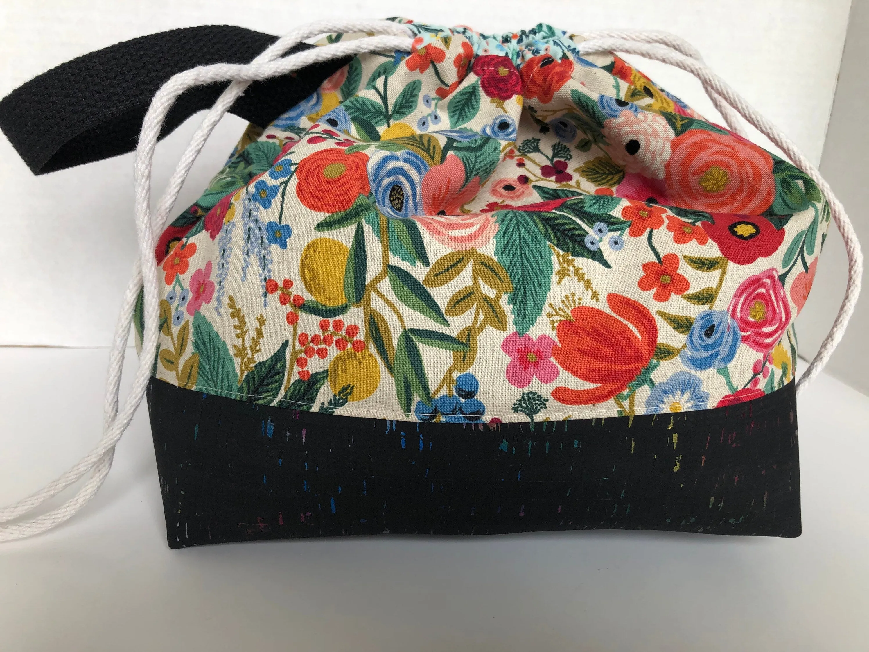 Rifle Paper Co Floral Project Bag, Finch Bucket Bag, Canvas and Rainbow Cork drawstring bag