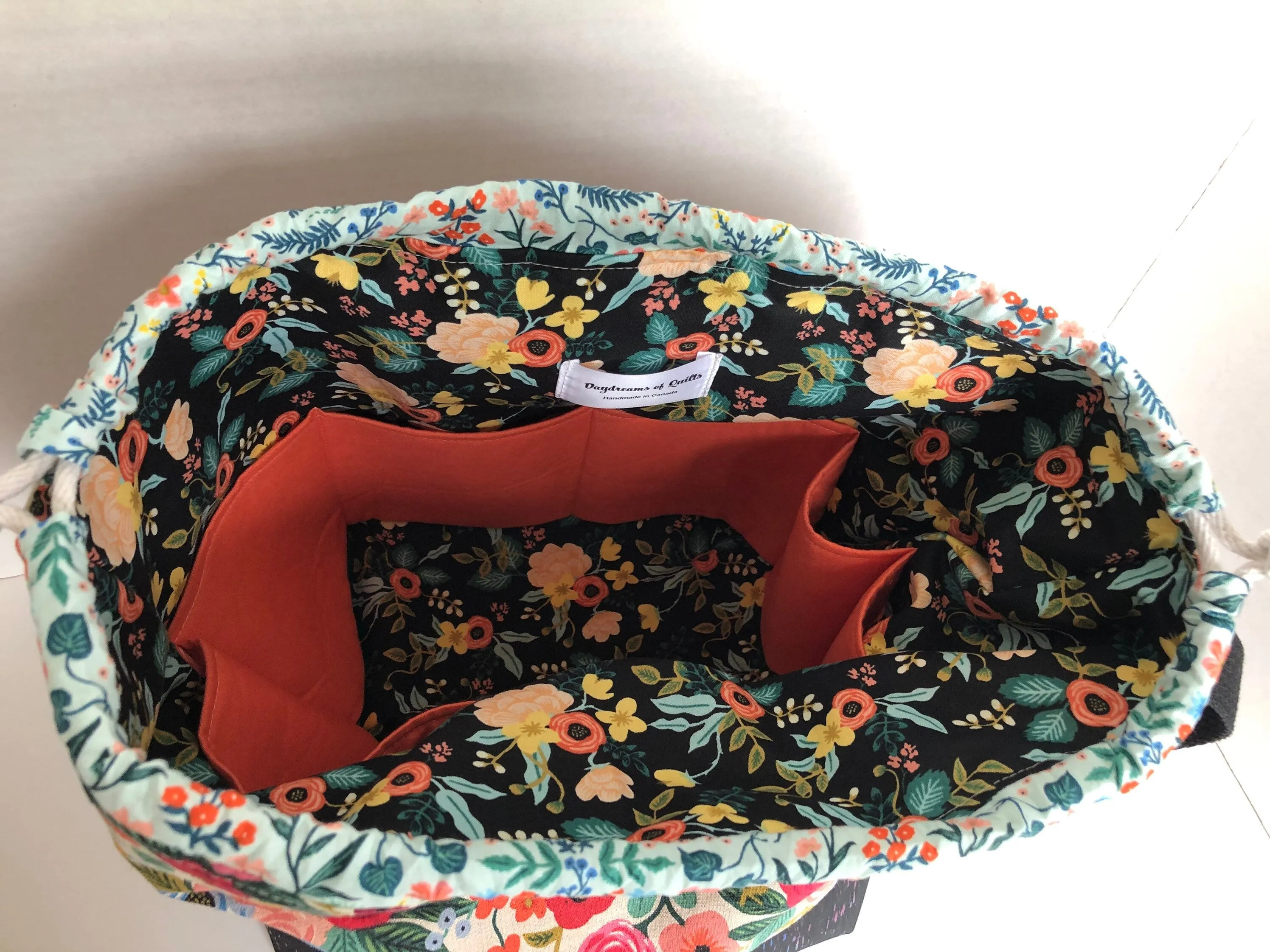 Rifle Paper Co Floral Project Bag, Finch Bucket Bag, Canvas and Rainbow Cork drawstring bag