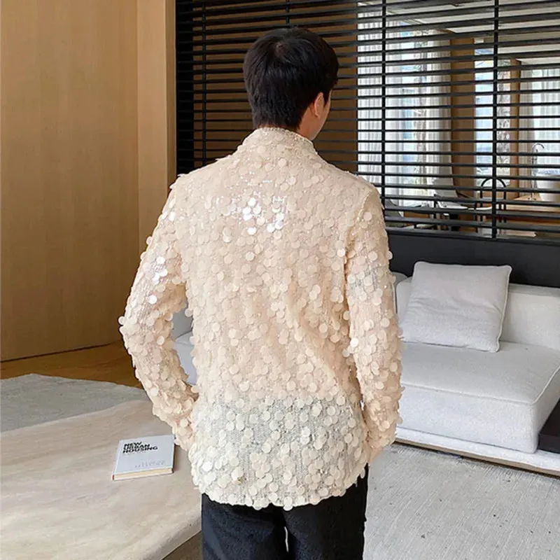 Sequin T-shirts Men's Wear Elgance Men Long Sleeve Top Autumn Trend Stand Neck Slim Male Tees Chic Personality 9C2612