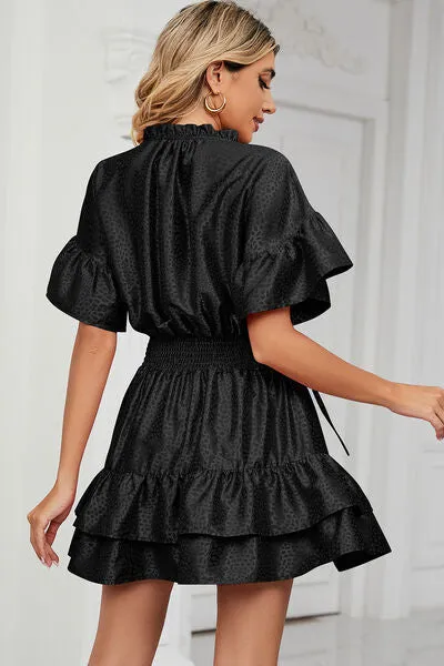 Smocked Tie Neck Flounce Sleeve Dress