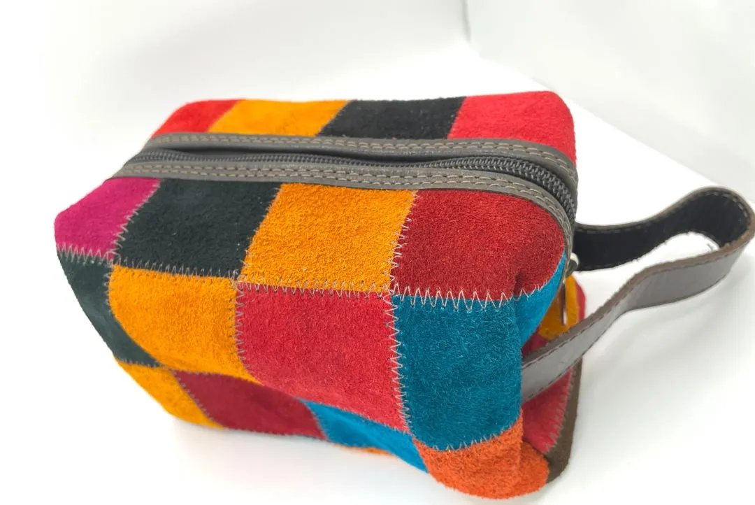 Suede Checkered Toiletry Bag, Red, Bolivia