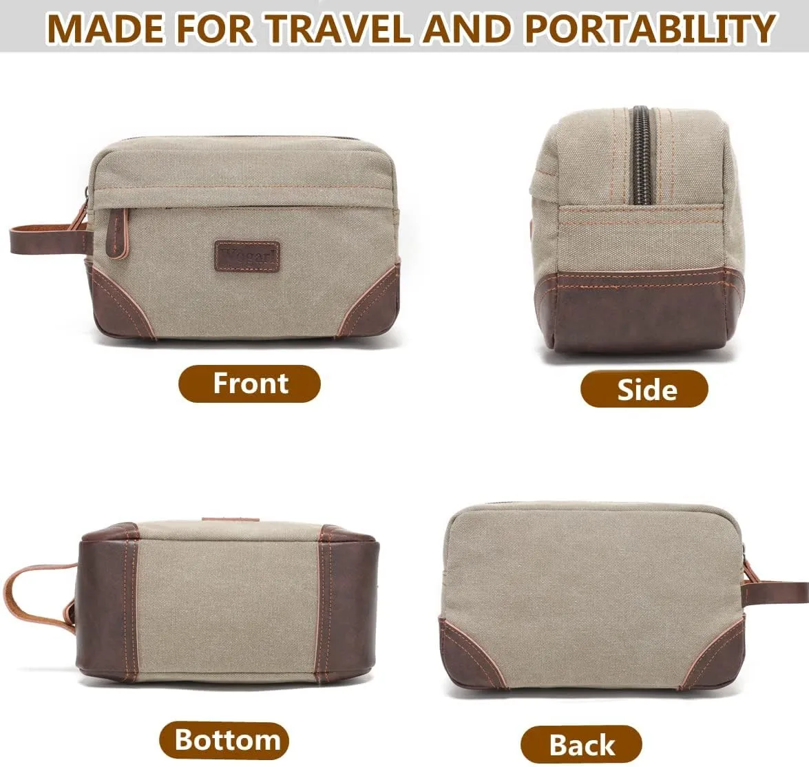 Toiletry Bag for Men, Leather and Canvas Travel Toiletry Bag Dopp Kit Shaving Bag for Travel Accessories (Light Grey)