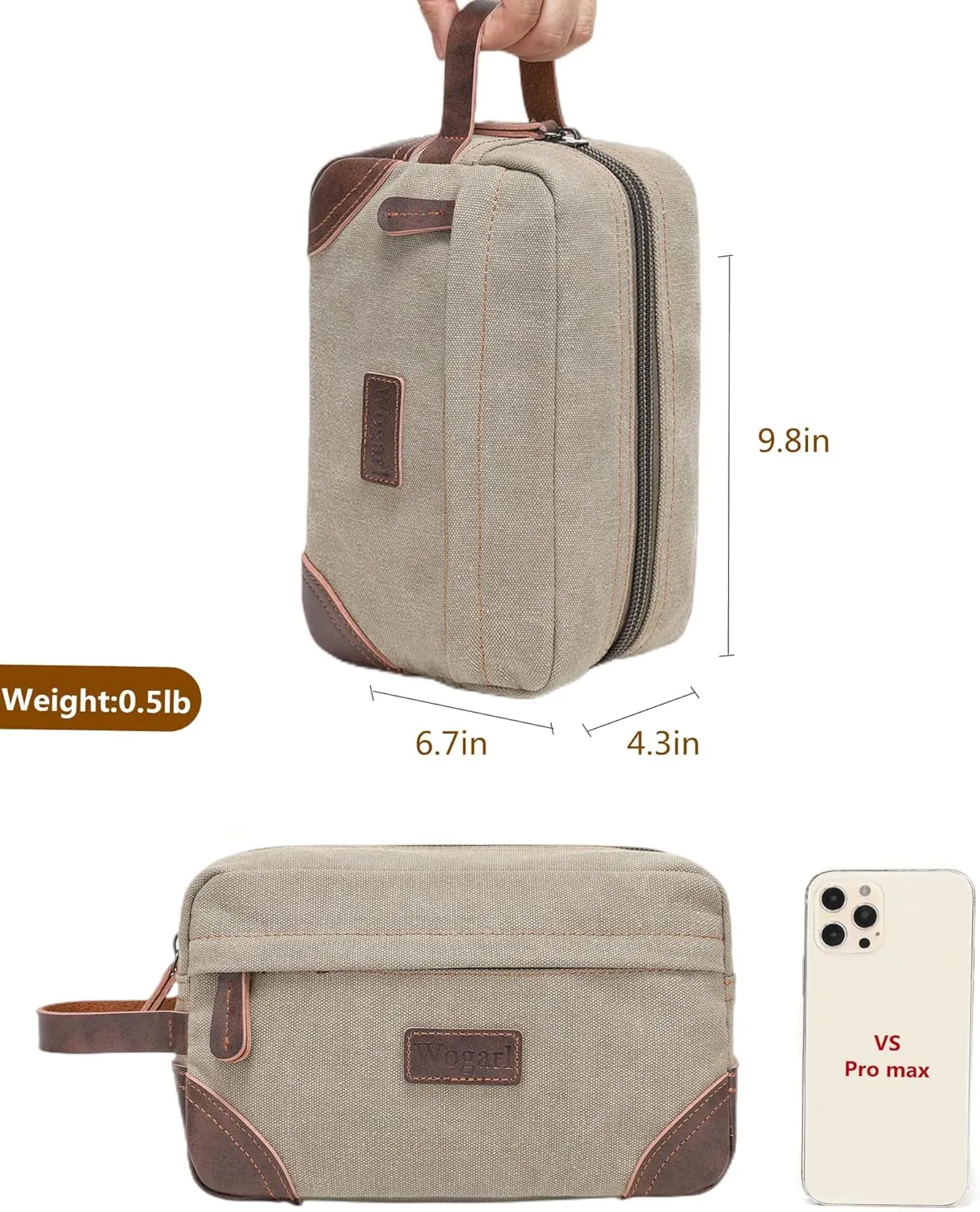 Toiletry Bag for Men, Leather and Canvas Travel Toiletry Bag Dopp Kit Shaving Bag for Travel Accessories (Light Grey)