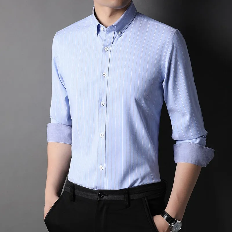 Top Grade Fashion Brand Vertical Stripes Button Down Shirts Men Slim Fit Shirt Long Sleeve Casual Clothing