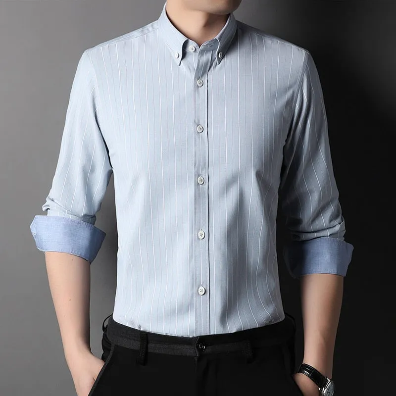 Top Grade Fashion Brand Vertical Stripes Button Down Shirts Men Slim Fit Shirt Long Sleeve Casual Clothing