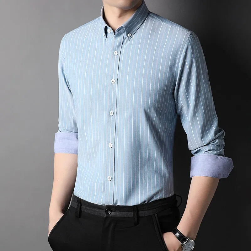 Top Grade Fashion Brand Vertical Stripes Button Down Shirts Men Slim Fit Shirt Long Sleeve Casual Clothing