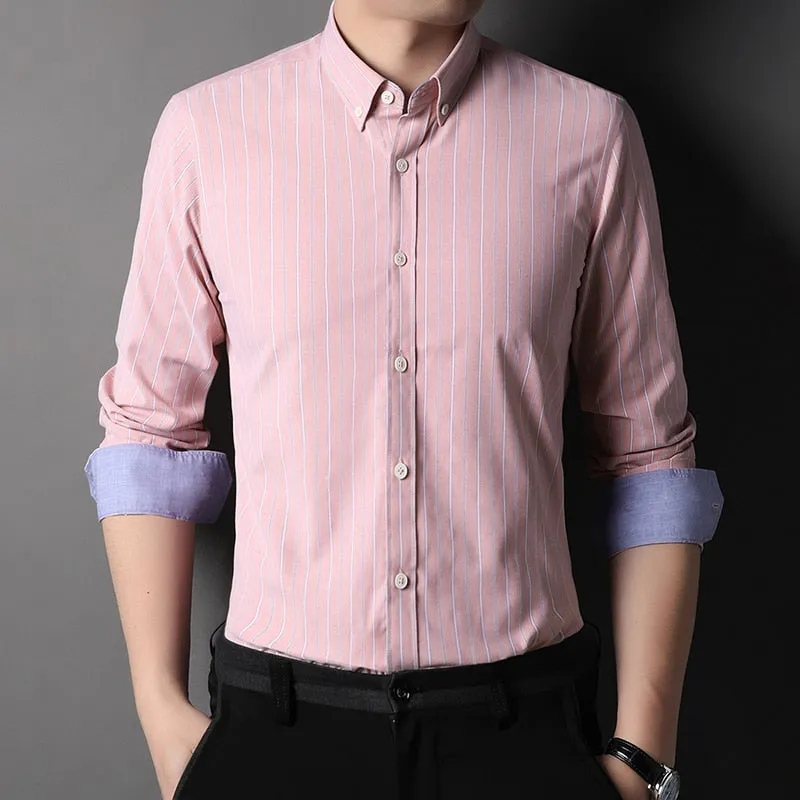 Top Grade Fashion Brand Vertical Stripes Button Down Shirts Men Slim Fit Shirt Long Sleeve Casual Clothing