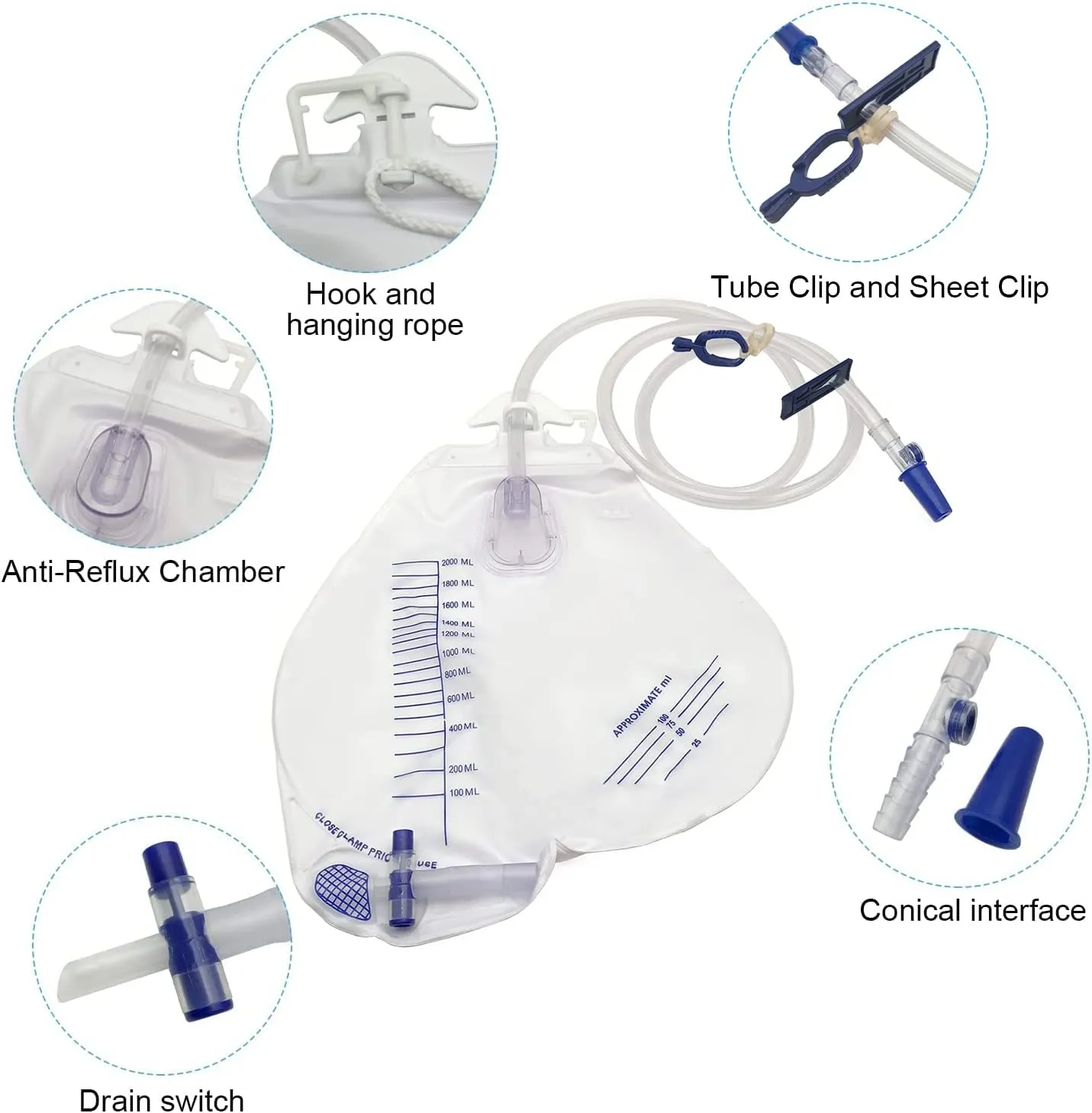 Urinary Drainage Bag with Anti-Reflux Chamber I 2000 mL Volume I 48" Drainage Tube, Clips and Hanging Hook