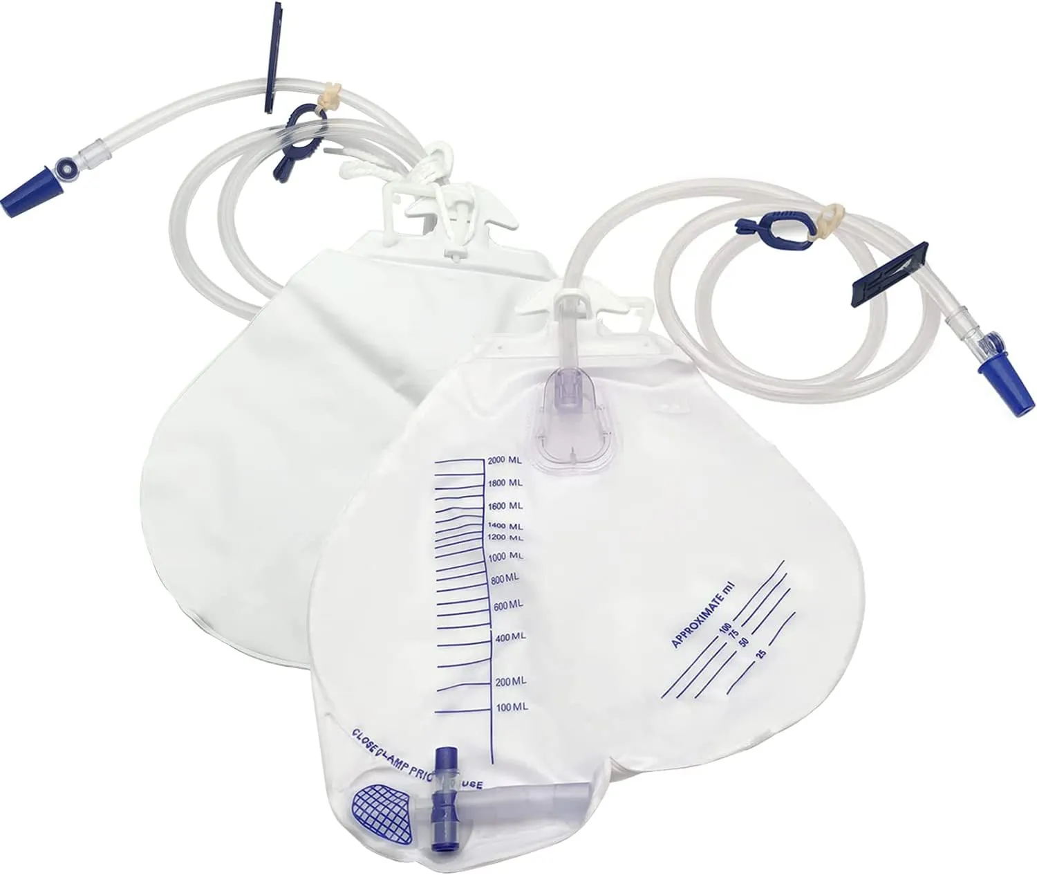 Urinary Drainage Bag with Anti-Reflux Chamber I 2000 mL Volume I 48" Drainage Tube, Clips and Hanging Hook