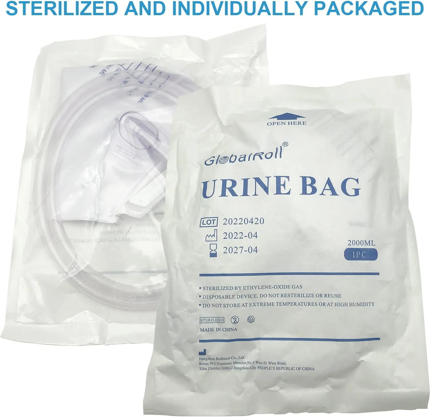 Urinary Drainage Bag with Anti-Reflux Chamber I 2000 mL Volume I 48" Drainage Tube, Clips and Hanging Hook