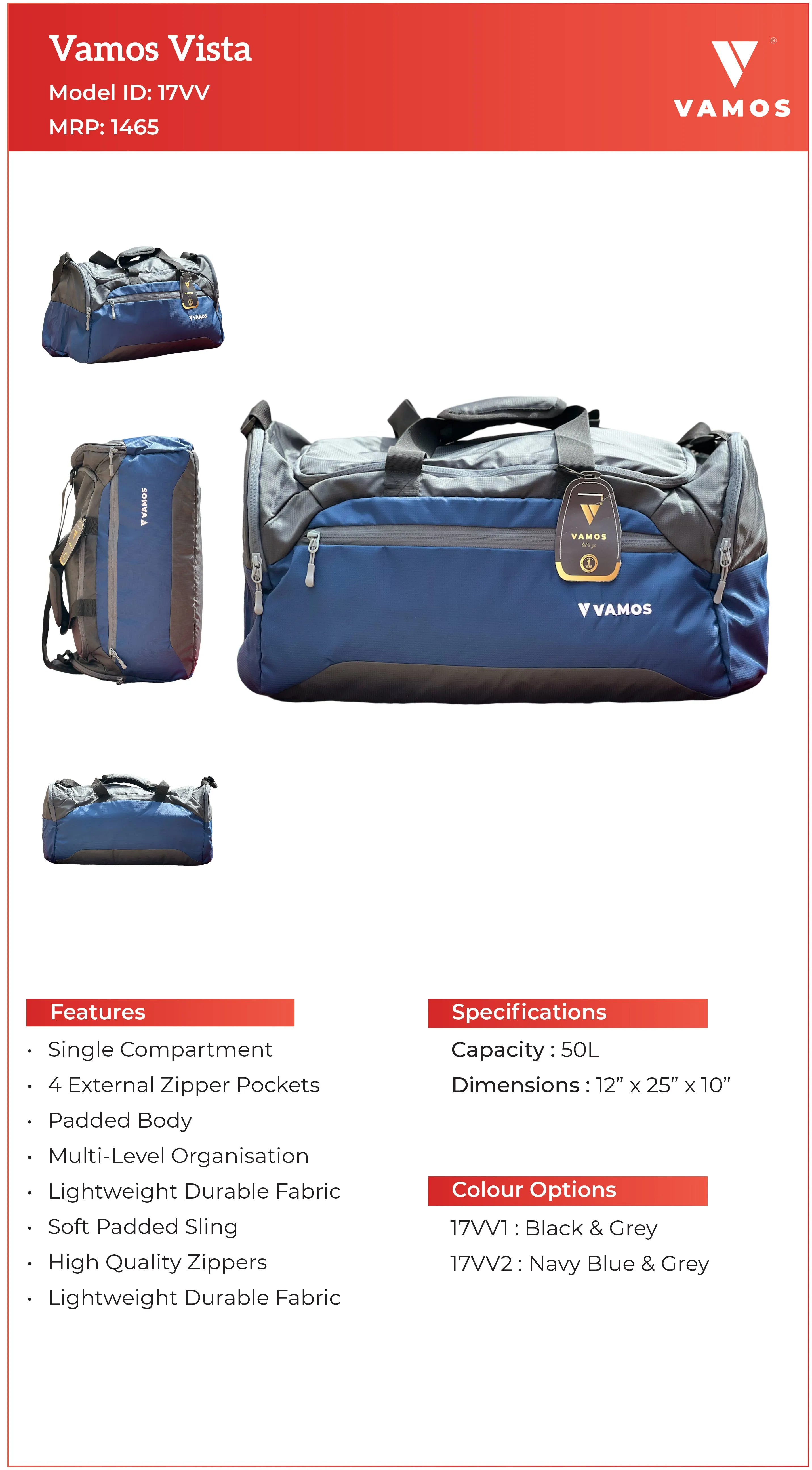 VAMOS Vista Travel Bag 17VV - Capacity : 50L