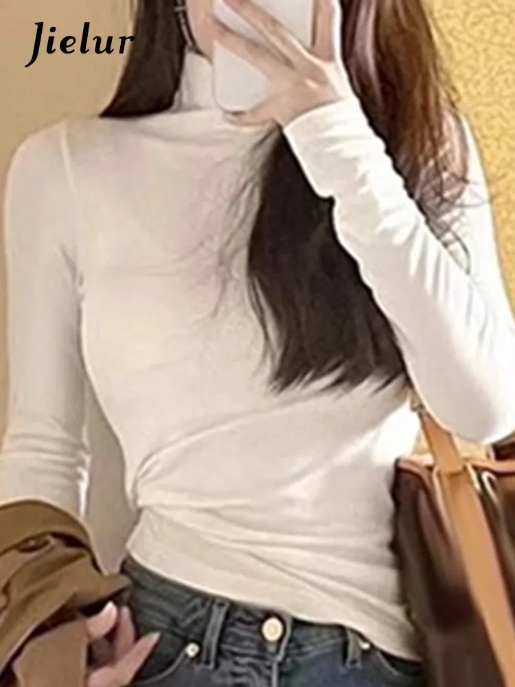 White Long Sleeve Slim Basic Women's T-shirts Solid Color Fashion High Collar Simple Slight Stretch Chic Female Blouses