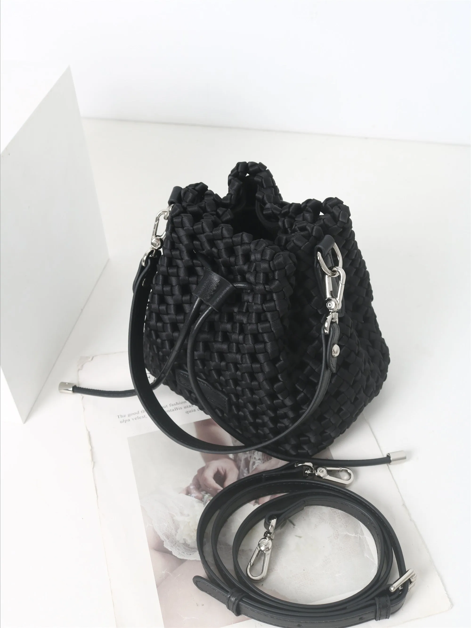 Womens Woven Velvet Bucket Slochy Cross Body Shoulder Bag