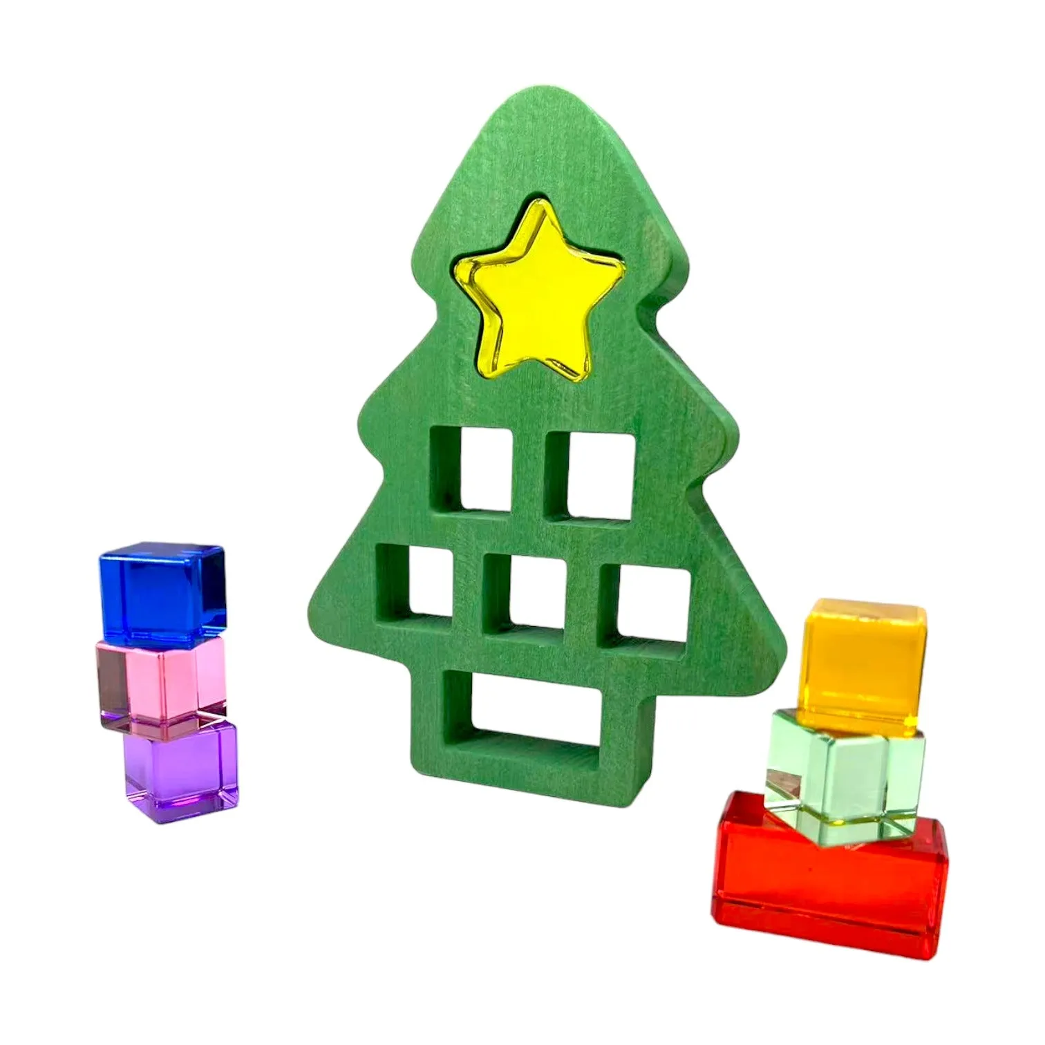 Wooden Christmas Tree with 7 Pcs Lucite Cubes Set